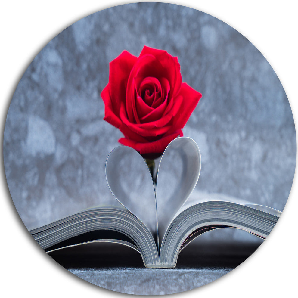 Red Rose Inside The Book, Floral Art Large Disc Metal Wall Art, 23"