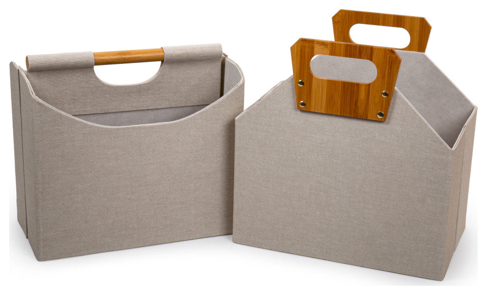 Modern and Sleek Collapsible Paper Beige Storage Basket with Bamboo Handles