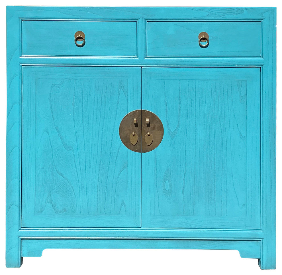 Chinese Simple Narrow Pastel Blue 2 Drawers Side Table Cabinet Hcs7428