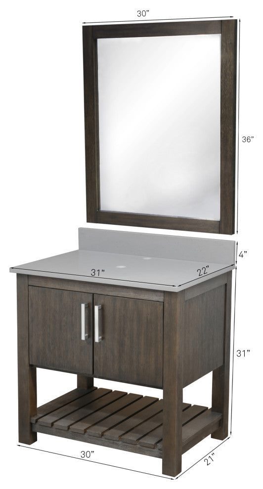 30" Vanity, Smoke Grey Quartz Top, Backsplash, Sink, Drain, and P-Trap, Matte Black, Mirror Included
