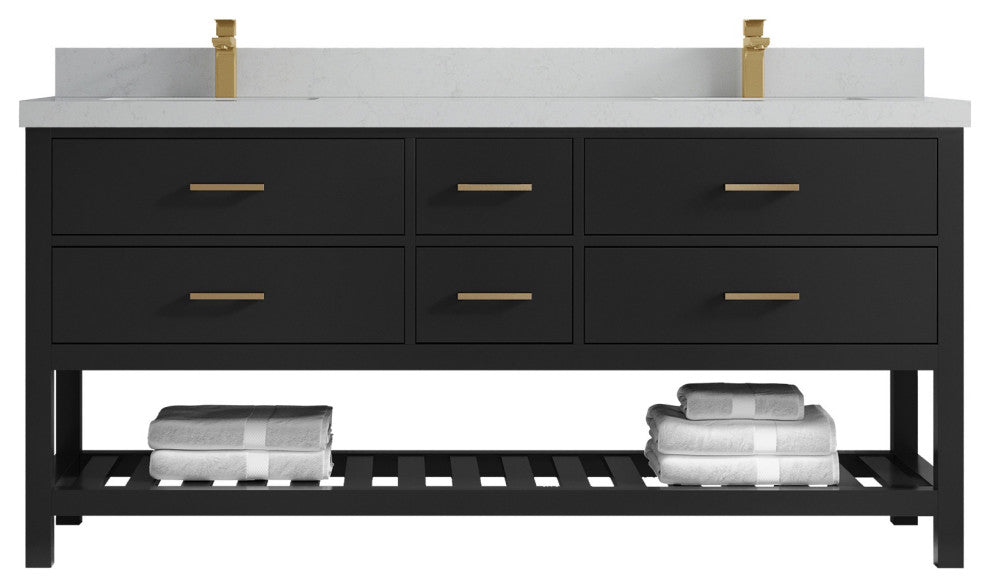 Parker 72" Double Sink Bath Vanity, Black 2" Carrara Quartz