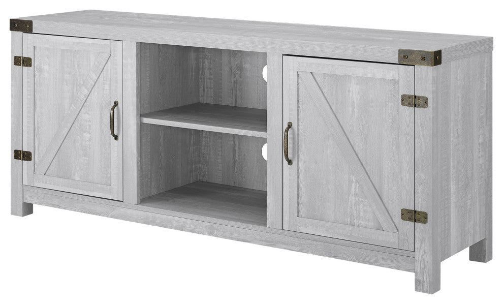58" Farmhouse TV Stand With Barn Door Side Doors, Stone Gray