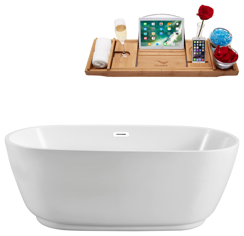 59" Streamline N560WH Soaking Freestanding Tub and Tray With Internal Drain