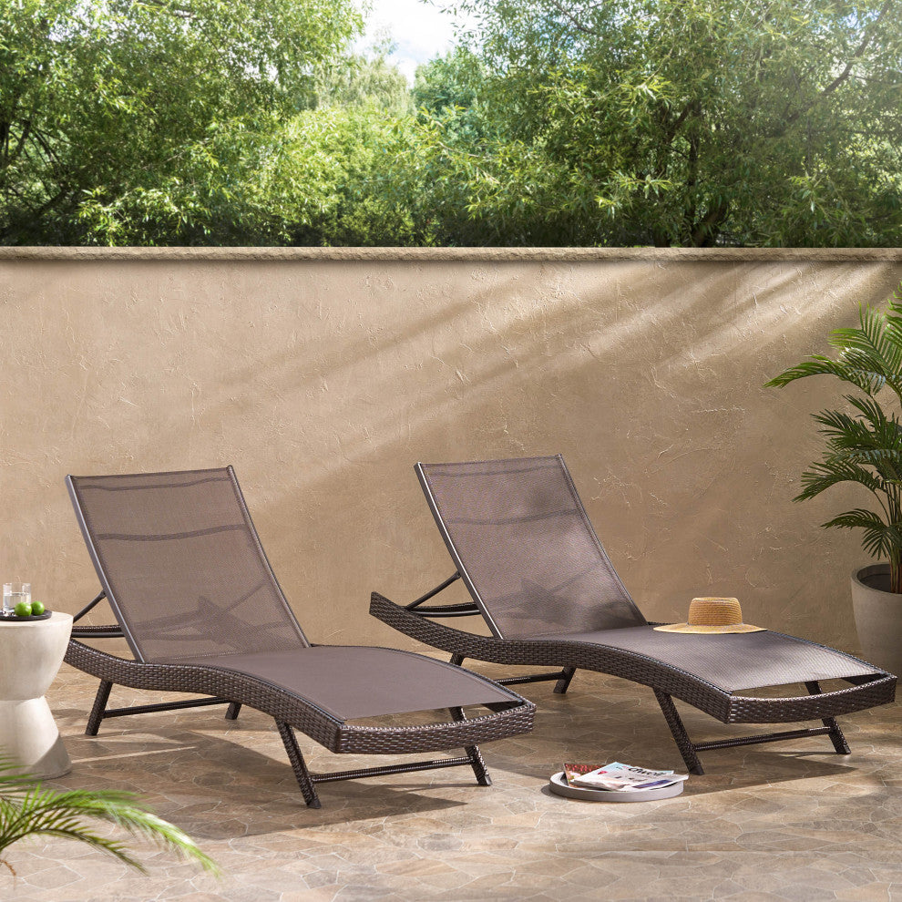 GDF Studio Burnham Outdoor Brown Mesh Chaise Lounge Chair, Set of 2