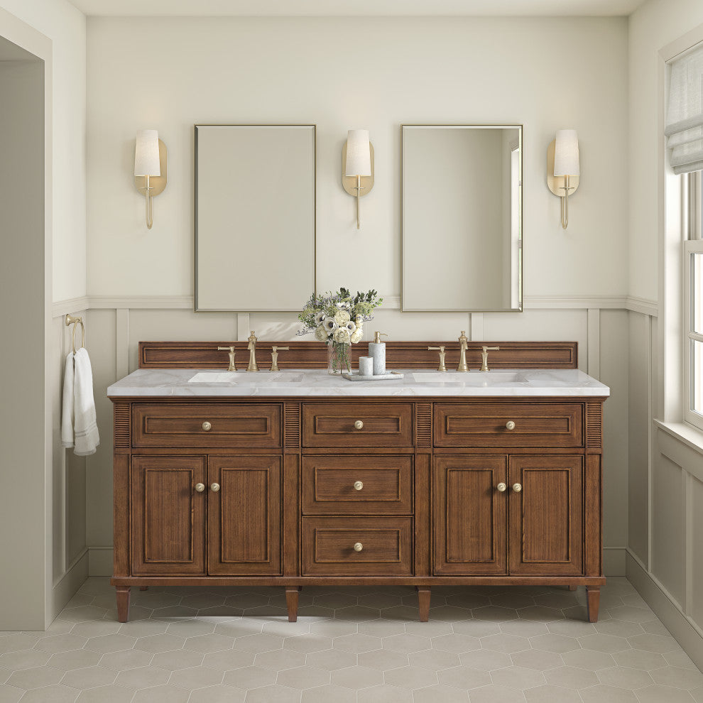 Lorelai 72"Double Vanity, Mid-Century Walnut, 3 CM White Zeus Top