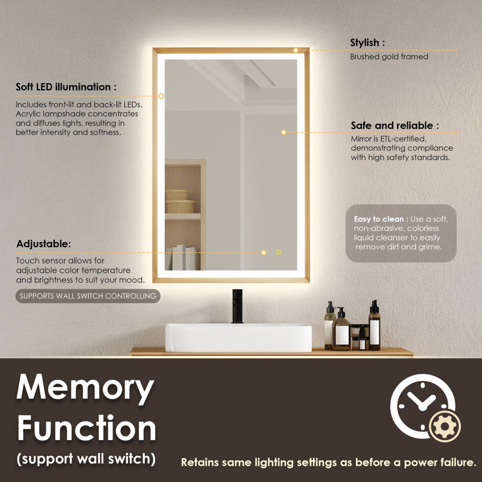 Apollo Anti-Fog Dimmable Vanity, LED Lighted Wall Mirror, Brushed Gold, 24"