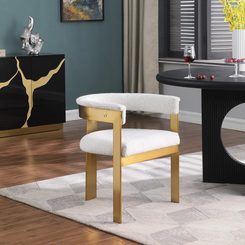 Romeo Upholstered Dining Chair, Set of 2, Cream, Boucle Fabric, Brushed Gold