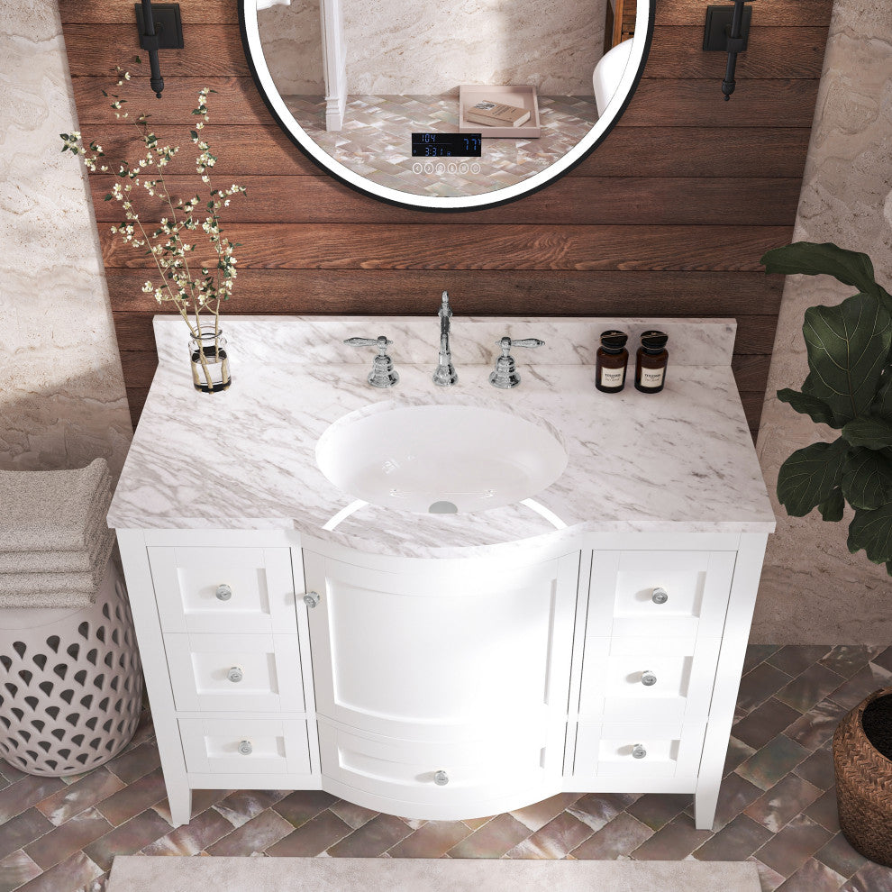 Lauren 48" Vanity Set, White, 48", Gold Hardware, Cararra White Marble Countertop