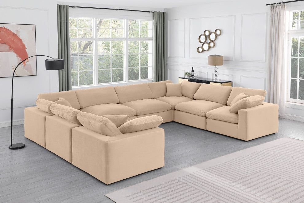Comfy Upholstered U-Shaped Modular Sectional, Beige, 8-Piece: 4 Armless Chair, 4 Corner Chair, Velvet