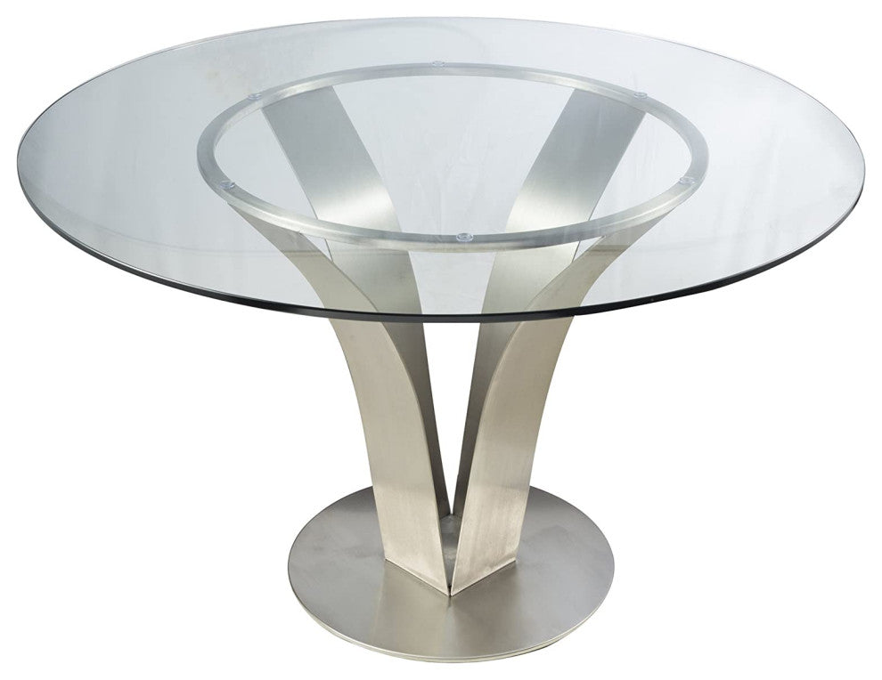 Unique Dining Table, Brushed Stainless Steel Finished Base With Round Glass Top