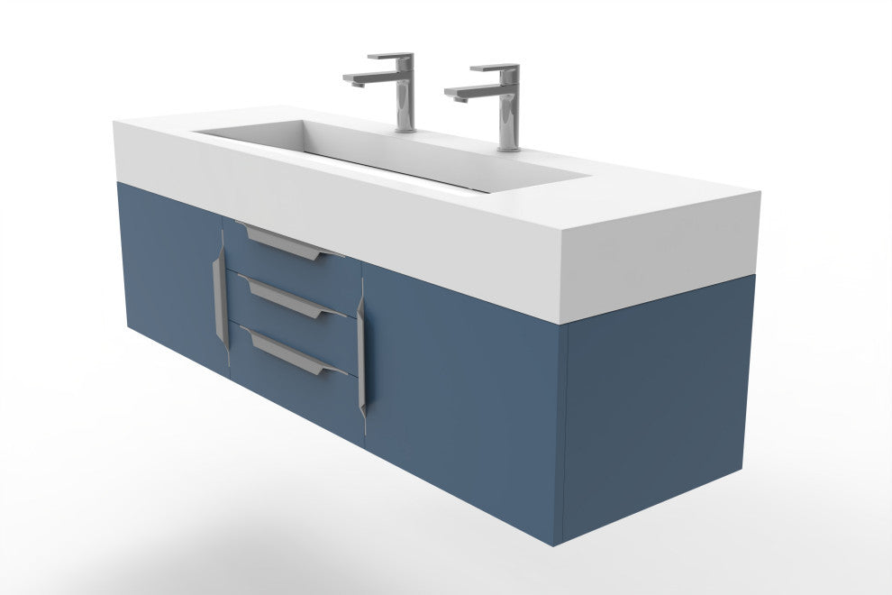 CastelloUSA Nile 60" Wall Mounted Vanity Set, Blue, White Top, Chrome Handles