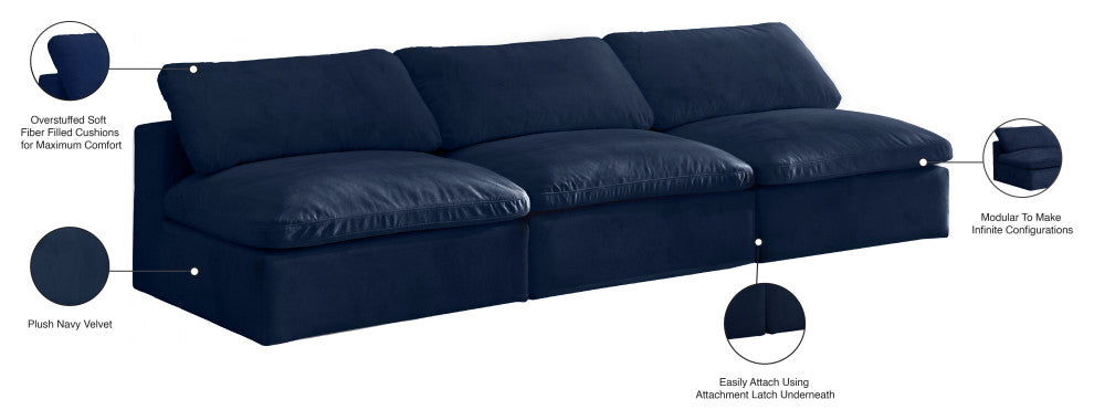 Cozy Velvet Upholstered Comfort Modular Armless Sofa, Navy