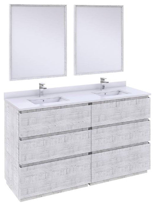 Fresca Formosa Modern 60" Rustic White Double Sink Vanity Set, Faucet Fft1030ch