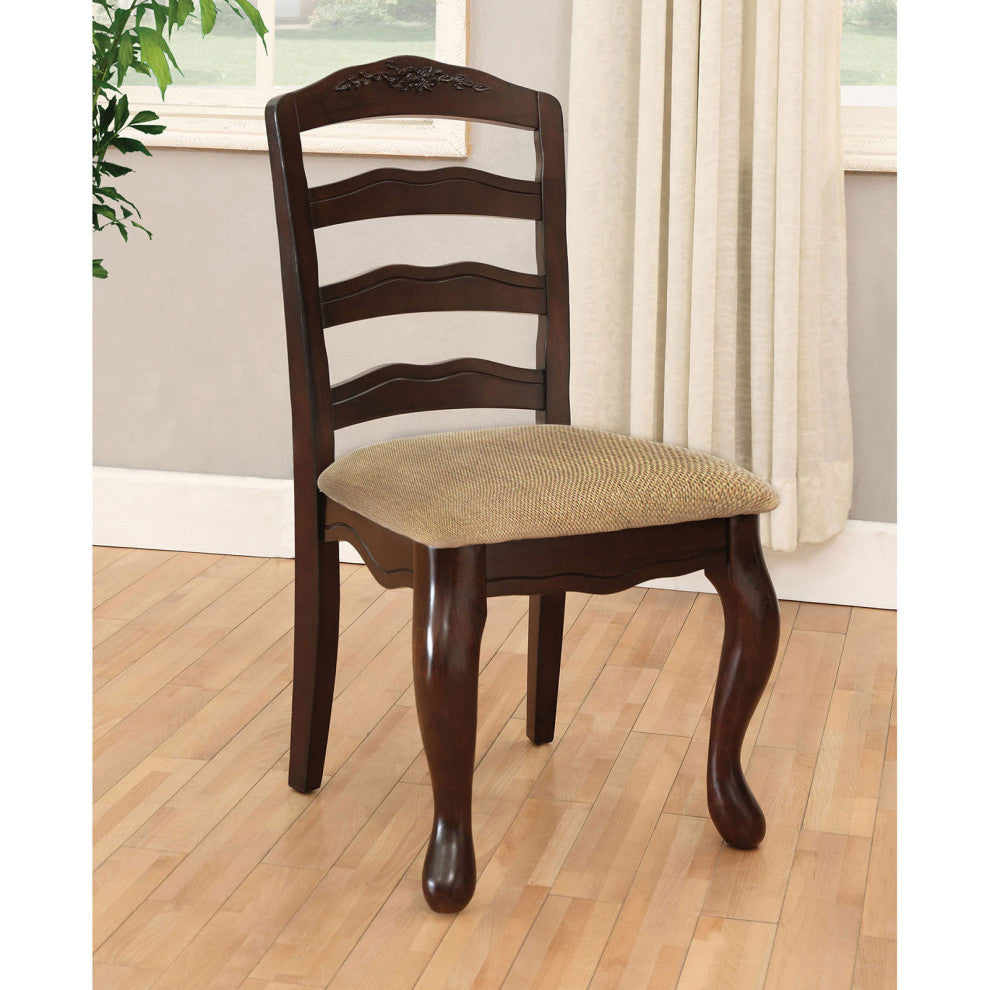 Set of 2 Padded Seat Dining Chair, Dark Walnut and Tan