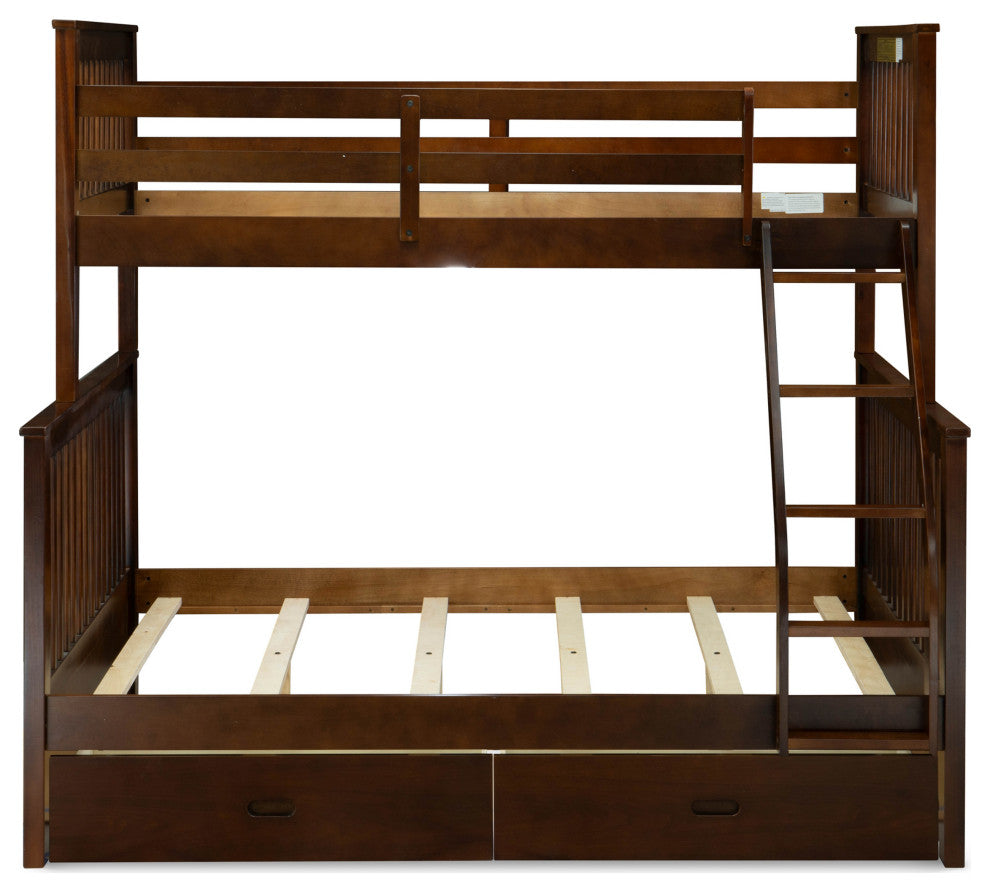 Twin Bed, Two Split Beds, The Both Beds Secure Due To Guard Rails, Walnut Finish