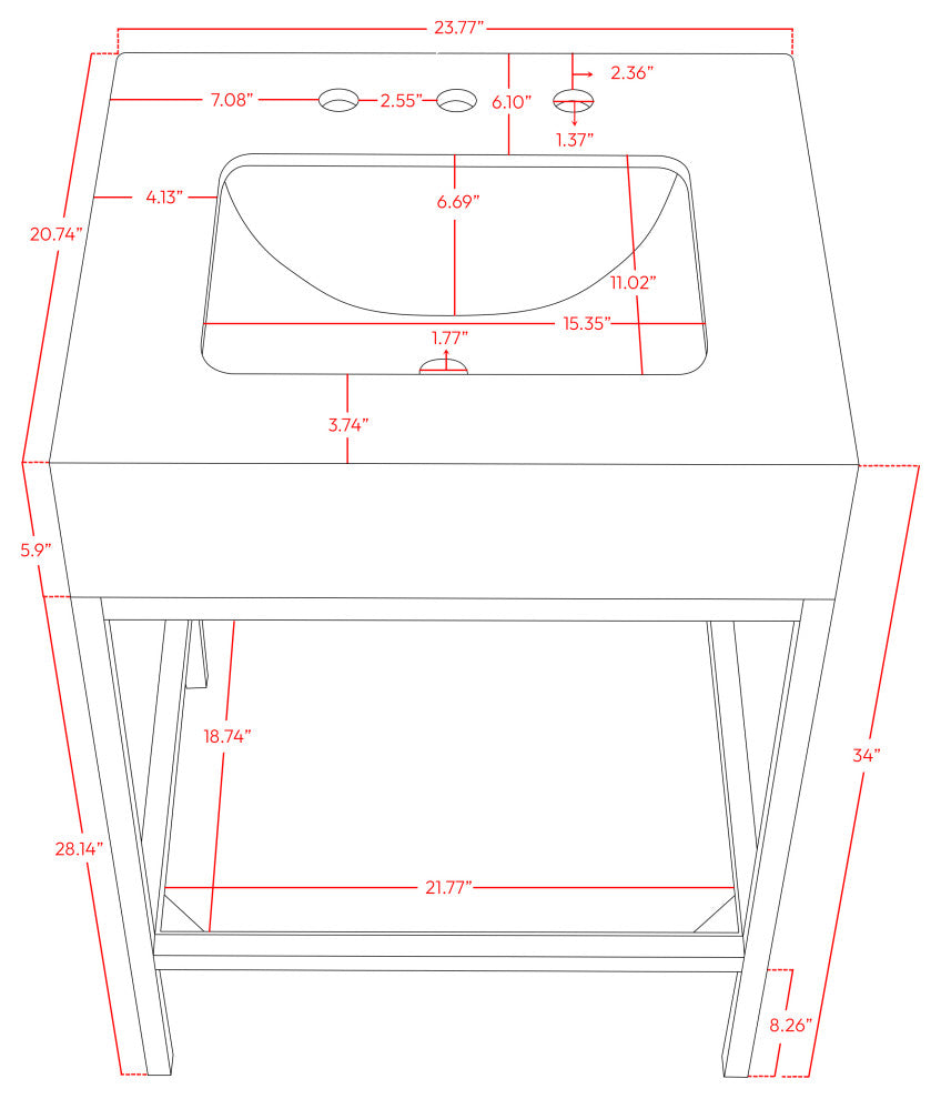 Marmo Bathroom Vanity, Black, 24" Wide, Brushed Brass Finish