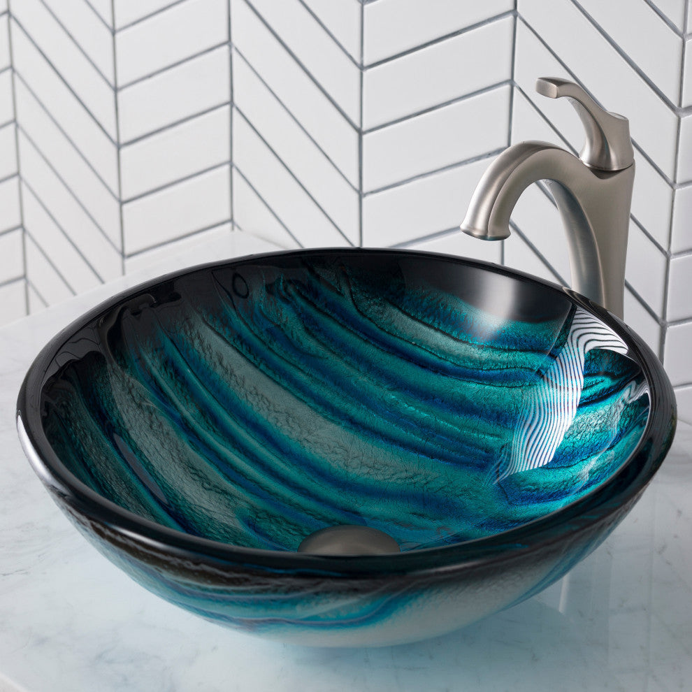 Glass Vessel Sink, Bathroom Arlo Faucet, Drain, Ring, Spot Free Stainless Steel