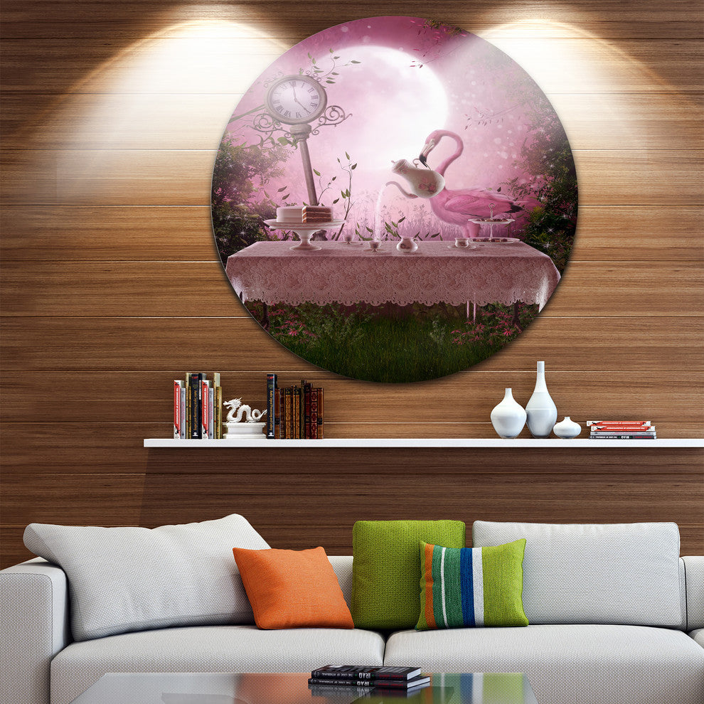 Fantasy Garden With A Flamingo, Landscape Large Disc Metal Artwork, 11"