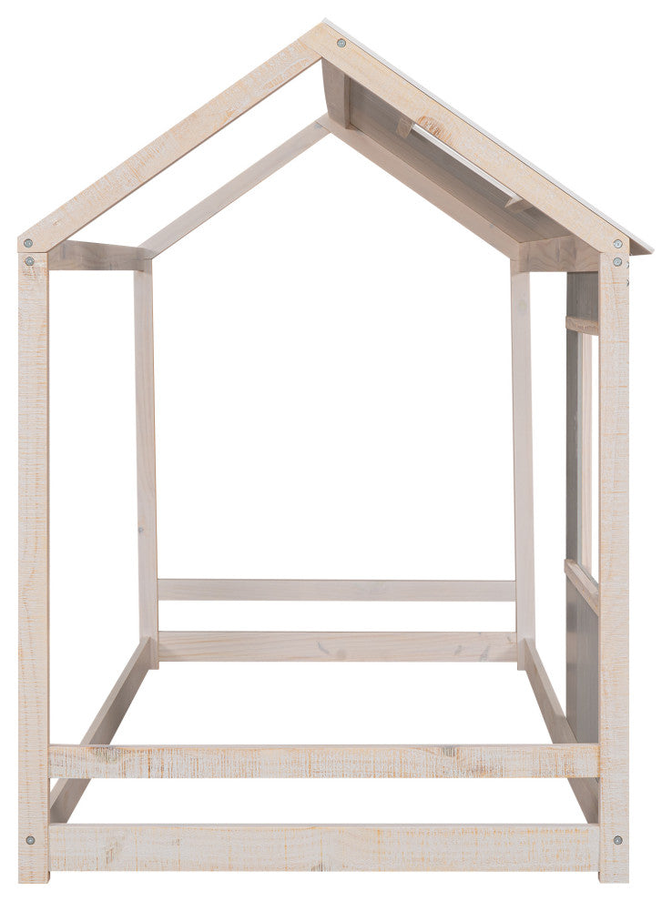 Gewnee Twin Size House Platform with Roof and Window , In Grey