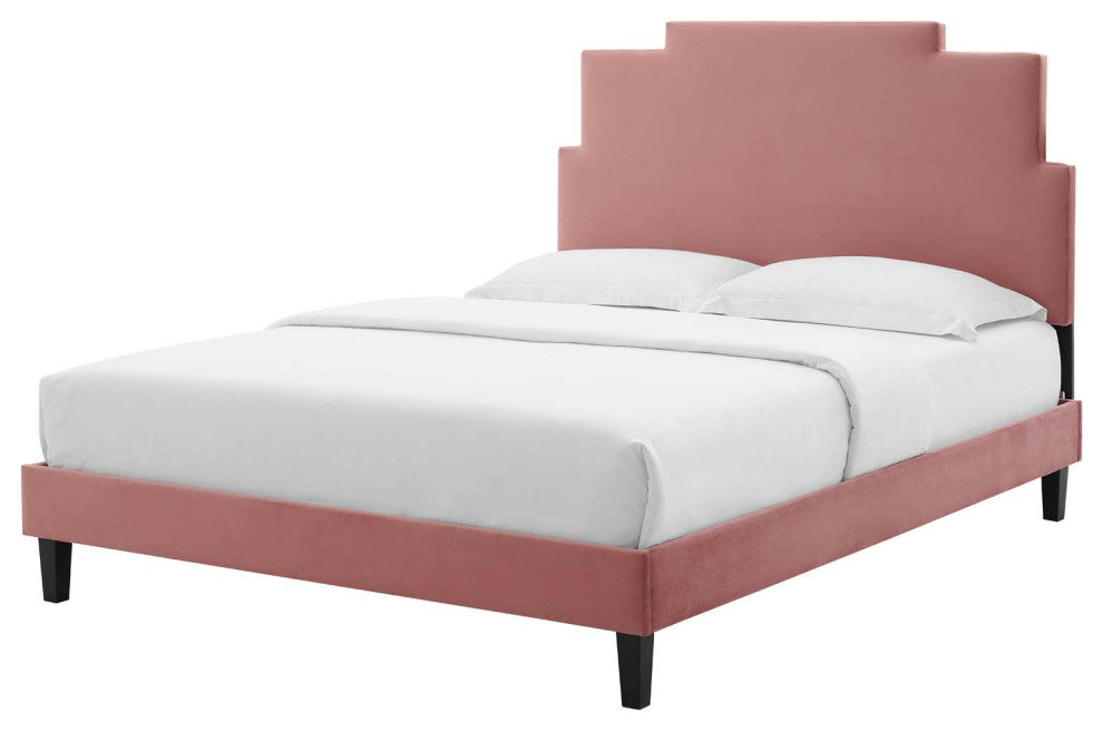 Platform Bed Frame, King Size, Velvet, Pink, Modern Contemporary, Bedroom Master