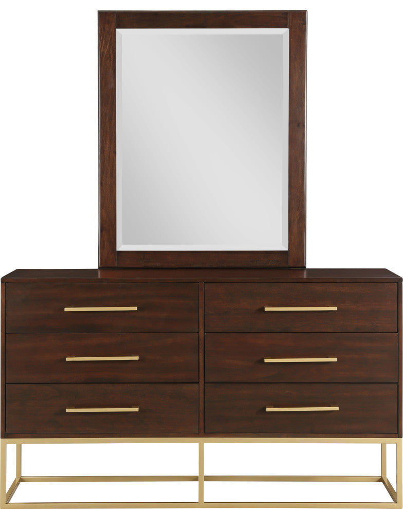 Maxine Wood Dresser With Durable Brushed Gold Metal Base, Dark Cherry Finish