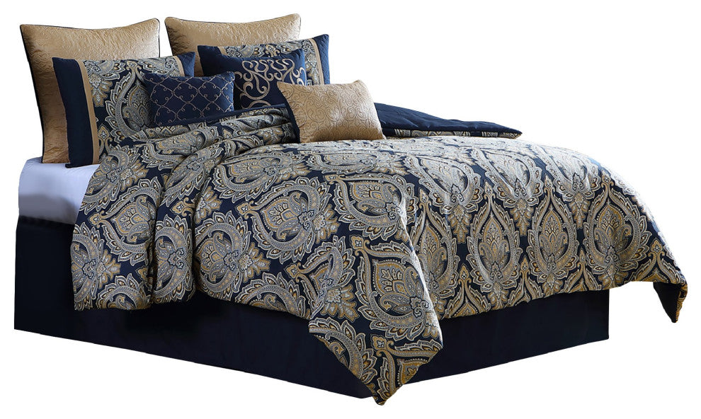Benzara BM283873 Polyester Queen Comforter Set, Gold Damask Print, Navy Blue