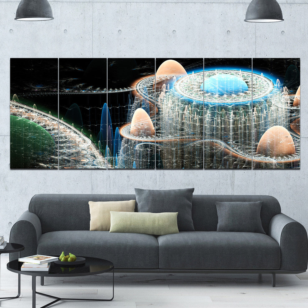 Blue Fractal Infinite World, Abstract Art on Canvas, 70"x28", 6 Panels