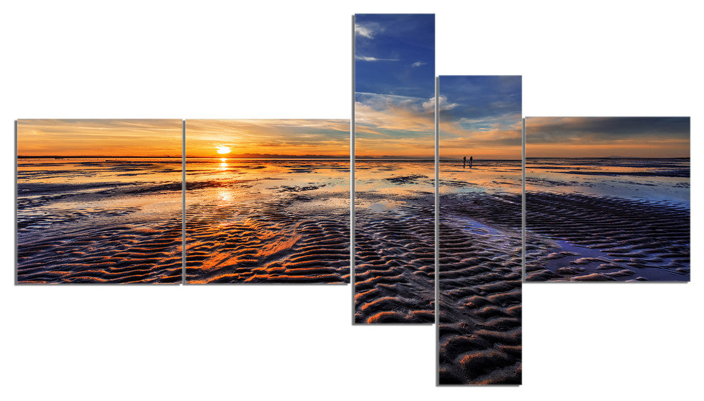 Waves On the Sand During Sunset, Seashore Canvas Art Print, 60"x32", 5 panels