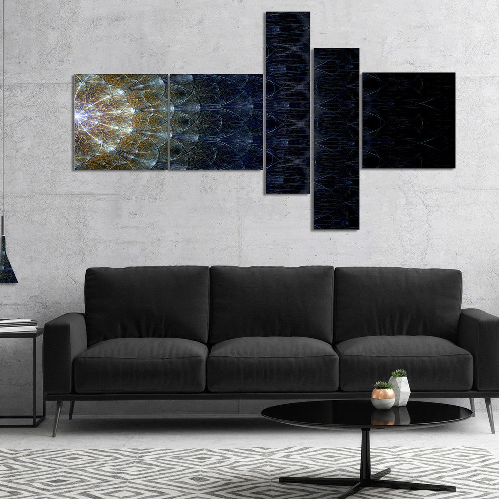 Symmetrical Blue Silver Fractal Flower, Abstract Canvas Print, 60"x32", 5 panels