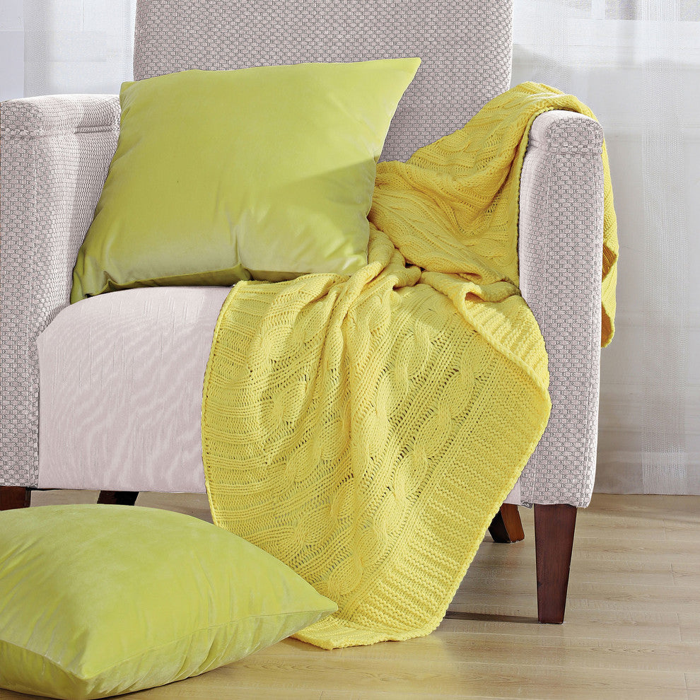 Super 18 Cable Throw and Pillow Shell 3-Piece Combo Set, Butter Cup