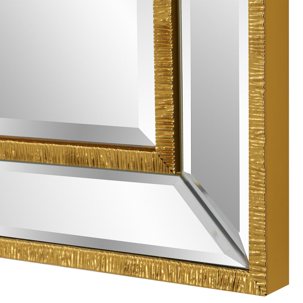 Benzara BM277046 40" Wood Rectangular Wall Mirror, Beveled Panel, Gold