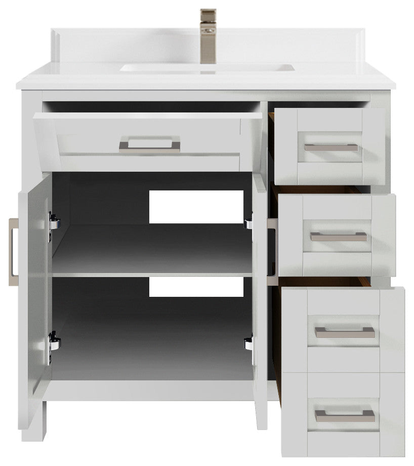 Cambridge 36 Center Sink Bath Vanity in Coventry Gray 1.5" White Quartz