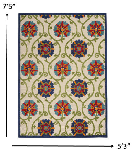 5' X 8' Ivory And Blue Indoor Outdoor Area Rug