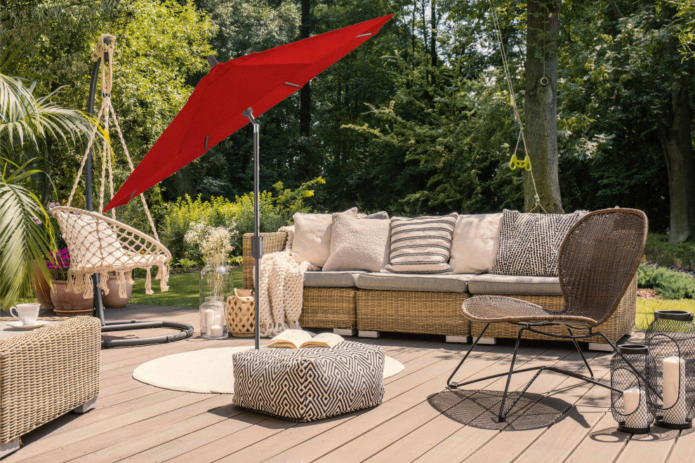 9' Round Push Tilt Market Umbrella, Antique Bronze frame, Sunbrella, Jockey Red