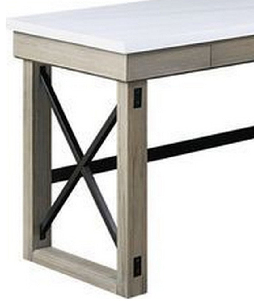 Benzara BM269056 L Shaped Writing Desk, Marble Lift Top & Sled Base, Gray/White