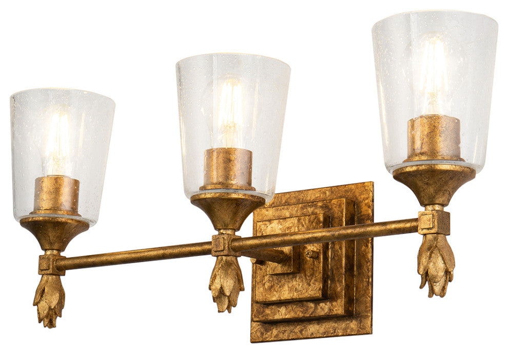 Vetiver 3 Light Bath Vanity, Antique Gold Finial 2 Gold