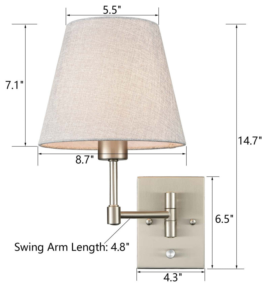 Plug-in Wall Sconces Fabric Swing Arm Wall Lamp, Set of 2, Brushed Nickel