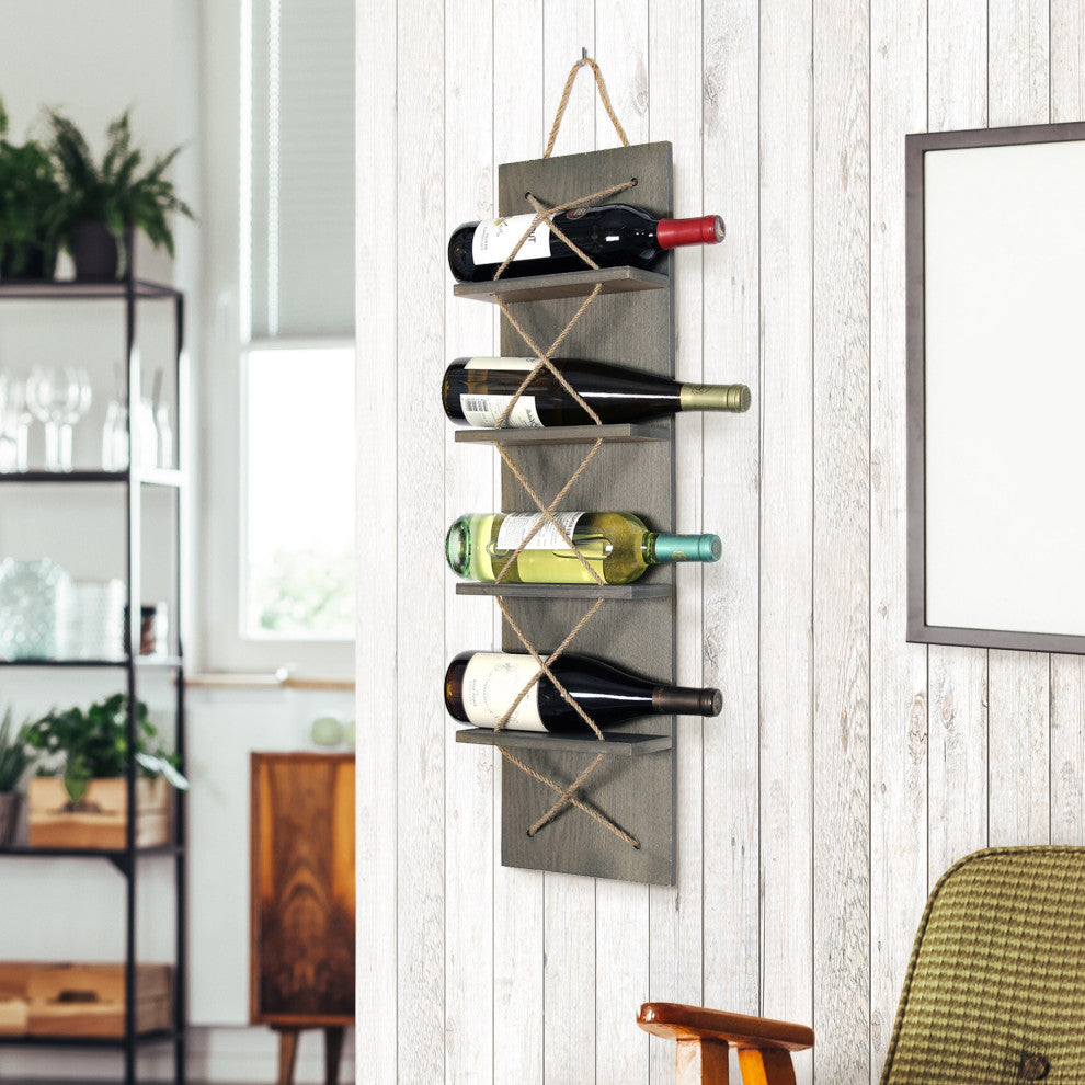 Positano Nautical Rope 4 Bottle Vertical Wall Mounted Wood Wine Rack Rustic Gray