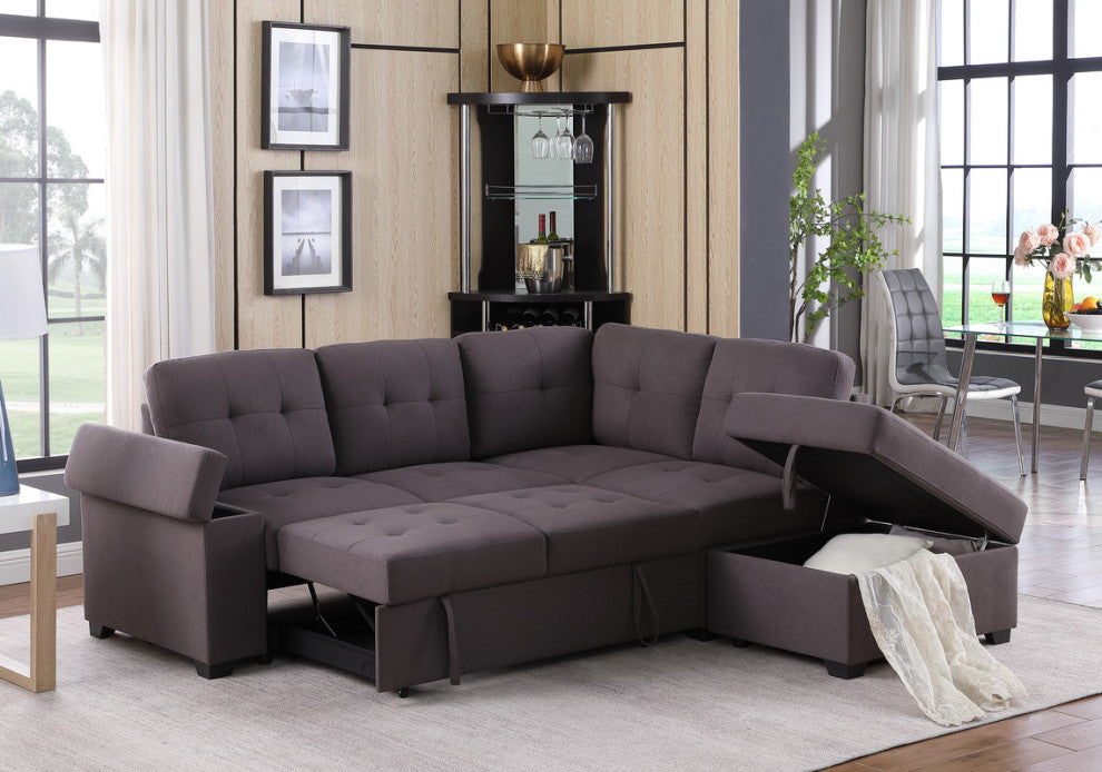 Katie Brown Linen Sleeper Sectional Sofa With Storage Ottoman, Storage Arm