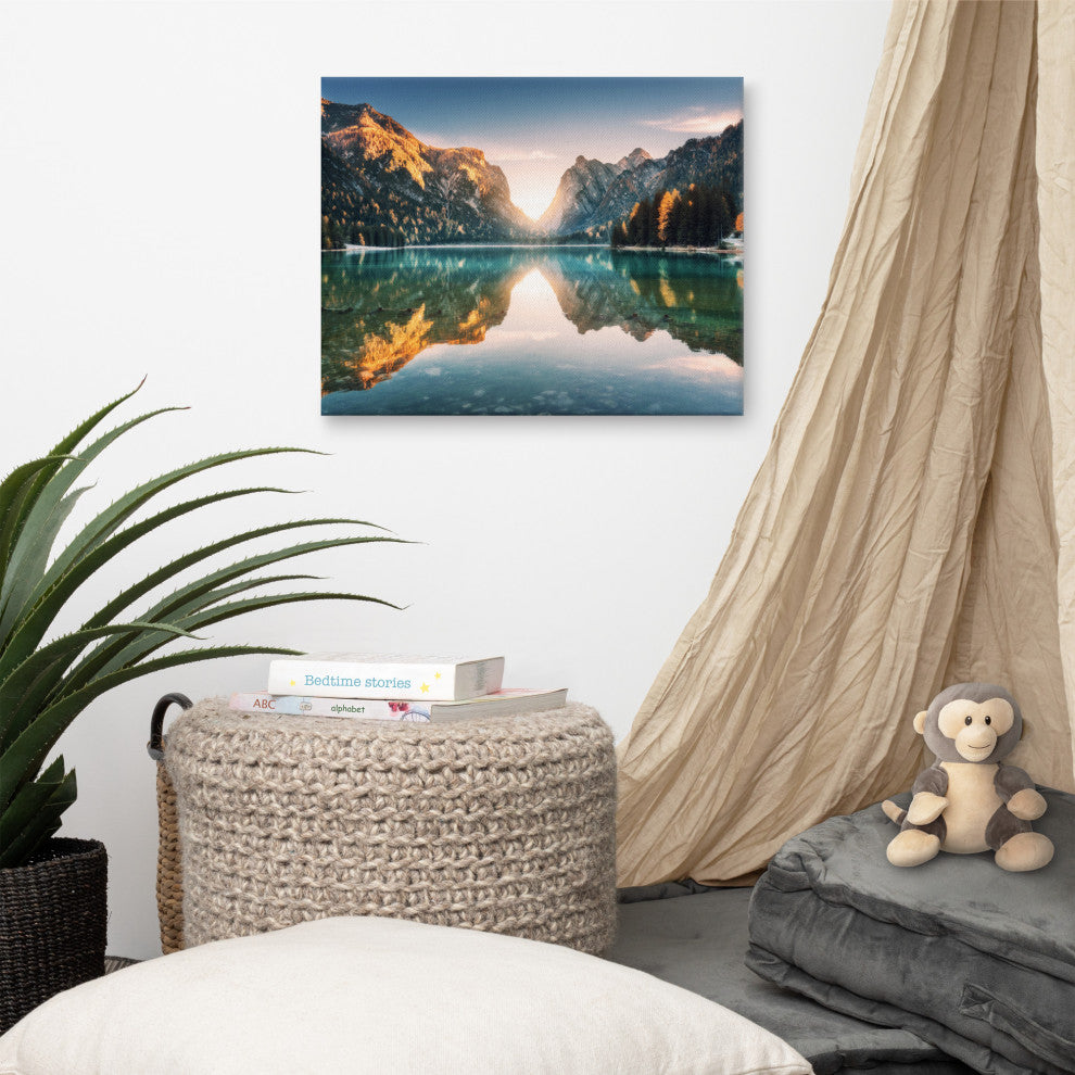 Sunrise Misty Mountain Lake Lively Color Landscape Photo Canvas Art Print, 16" X 20"