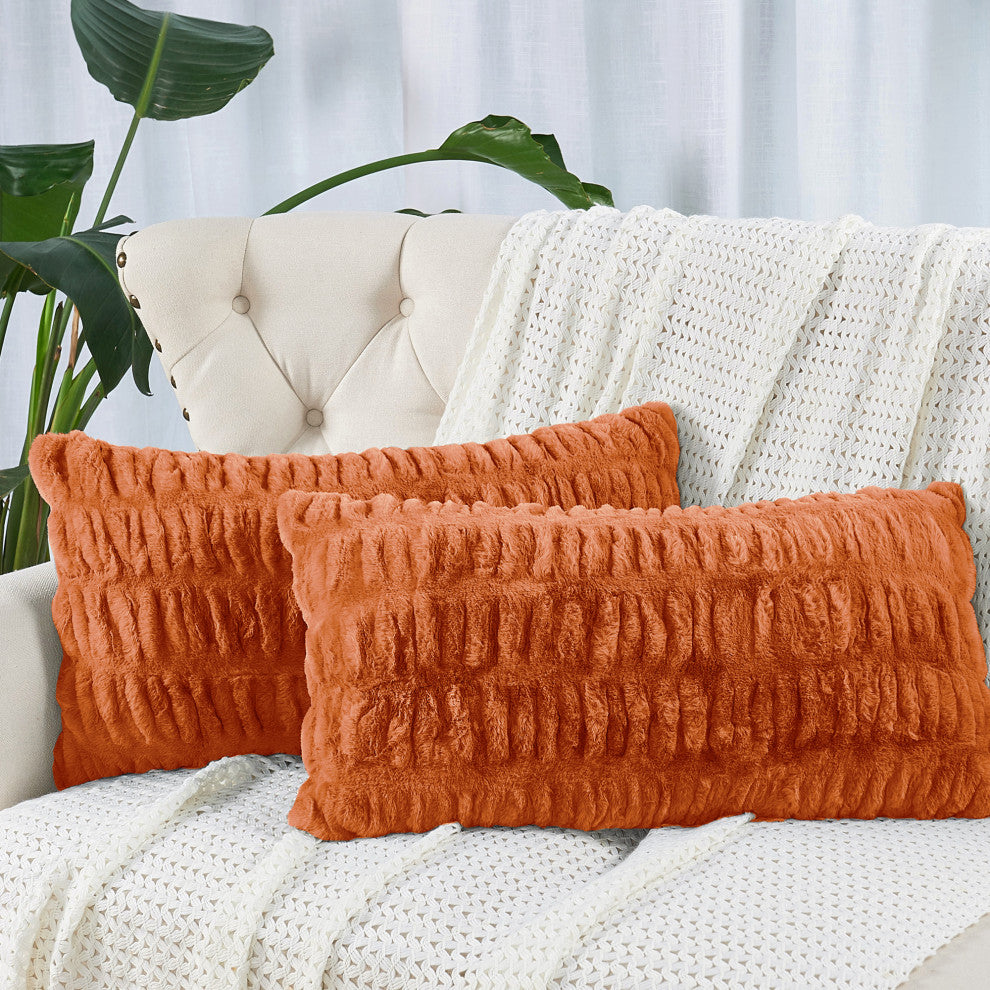 Shar Pei Faux Fur Pillow Shell Set, Burnt Orange, 2 Piece Lumbar, 14"x26"