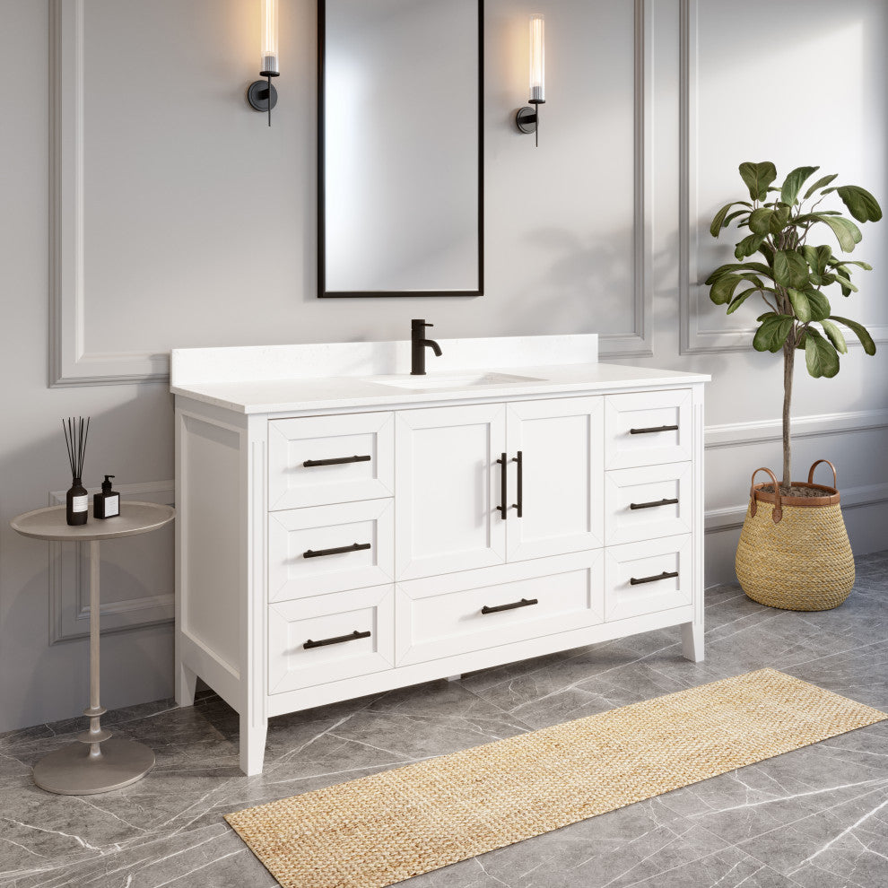 Houston 60" Single Vanity With Power Bar and Drawer Organizer, White