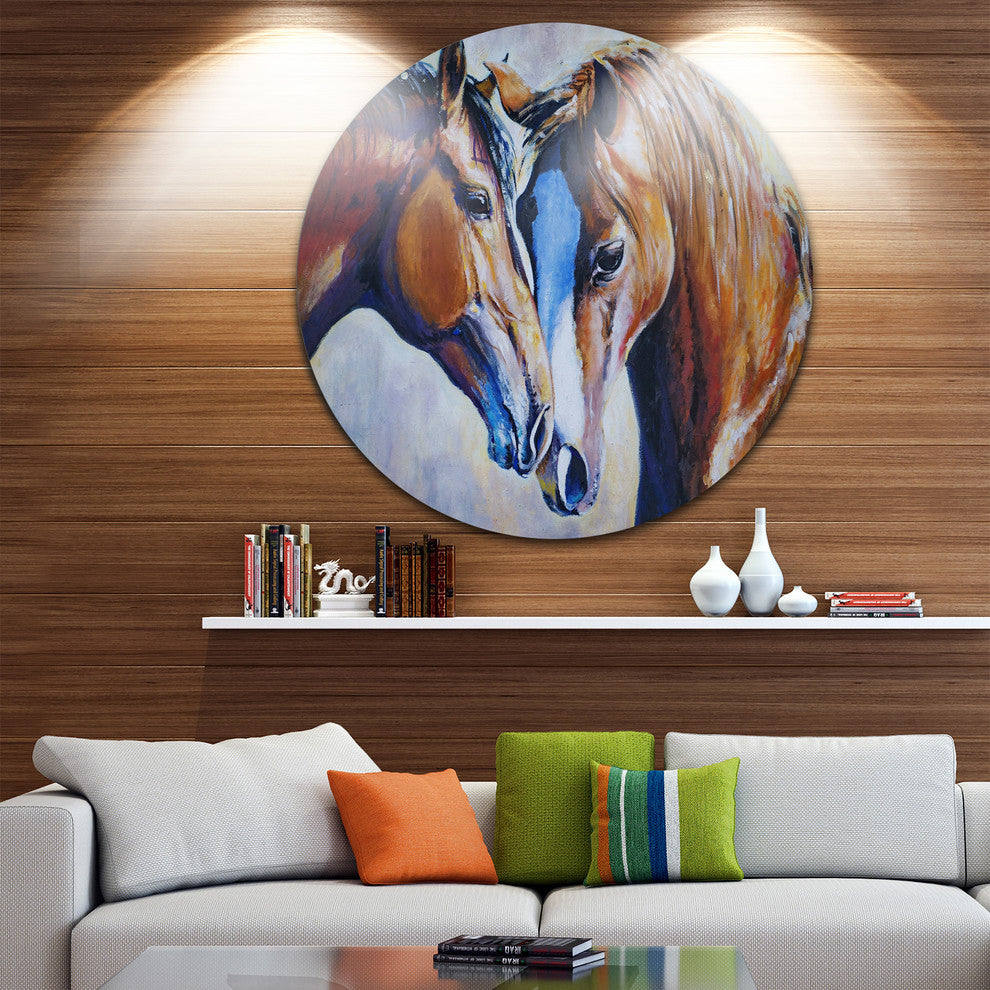 Brown Amorous Horses, Animal Painting Round Metal Wall Art, 11"