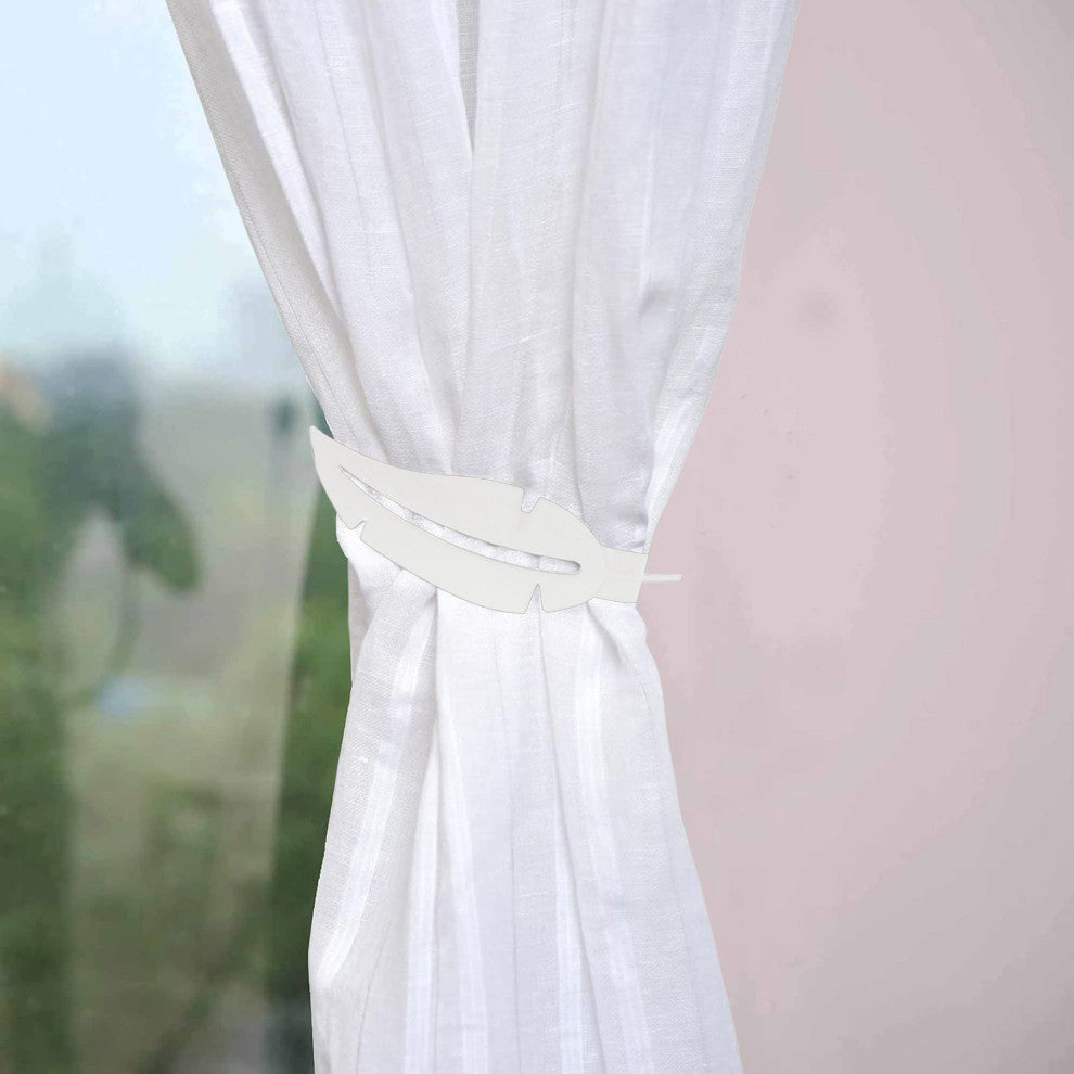 Metal Feather Curtain Tiebacks with Magnetic Closure "“ No Installation Needed, White, Pack of 1