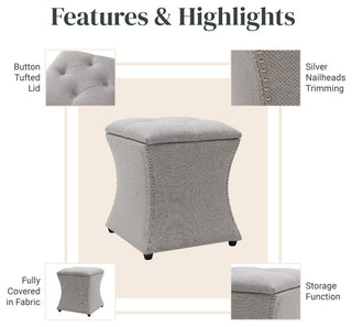 Amelia Fabric Nailhead Tufted Storage Ottoman, Cardiff Gray