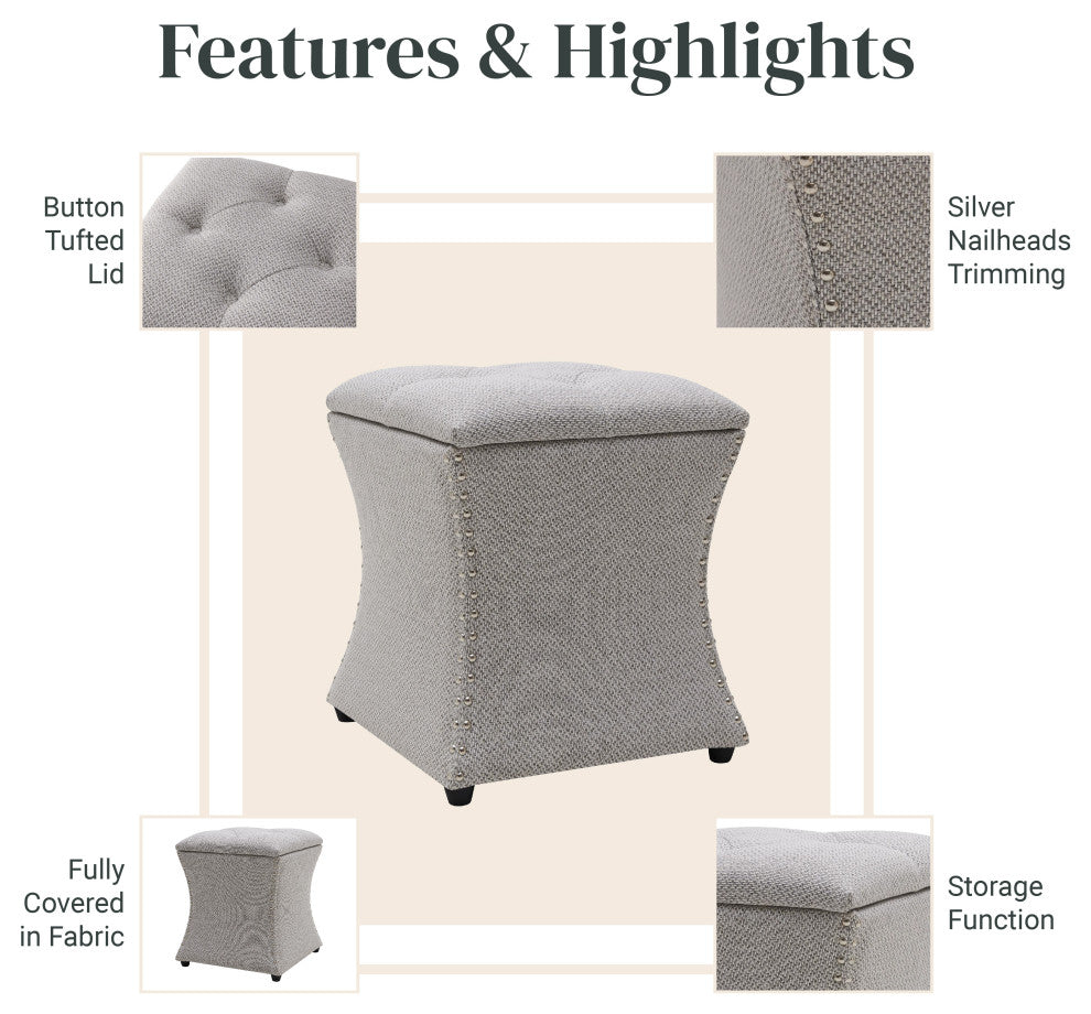 Amelia Fabric Nailhead Tufted Storage Ottoman, Cardiff Gray