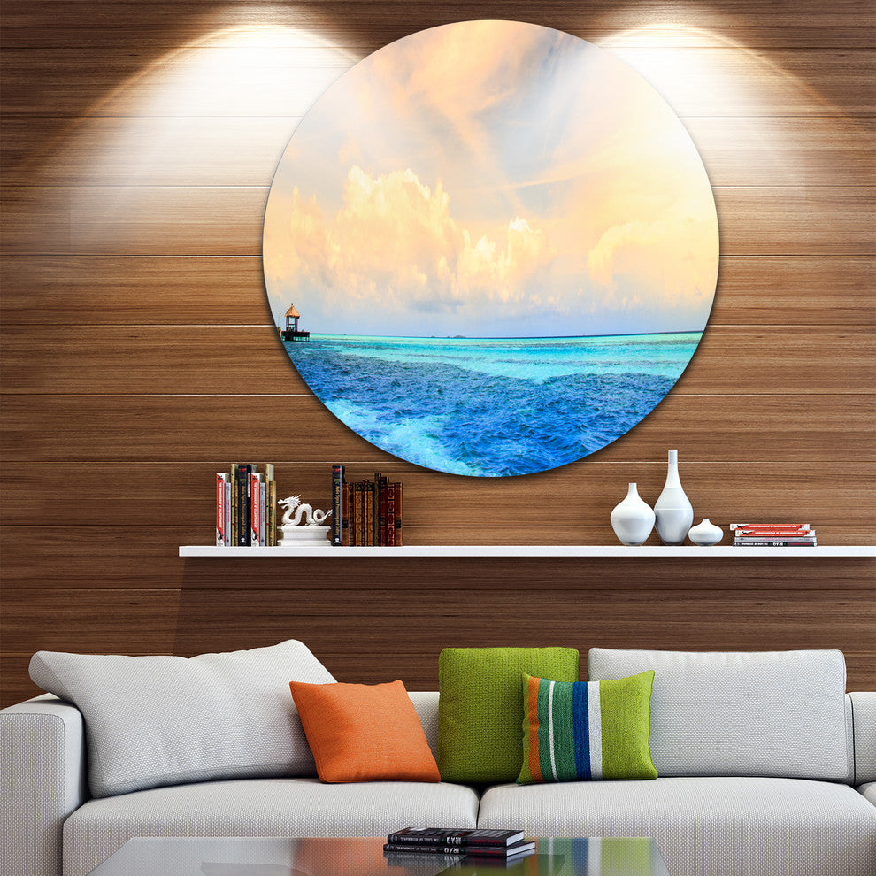 Maldives Bungalows Sunset Panorama, Seascape Round Wall Art, 11"