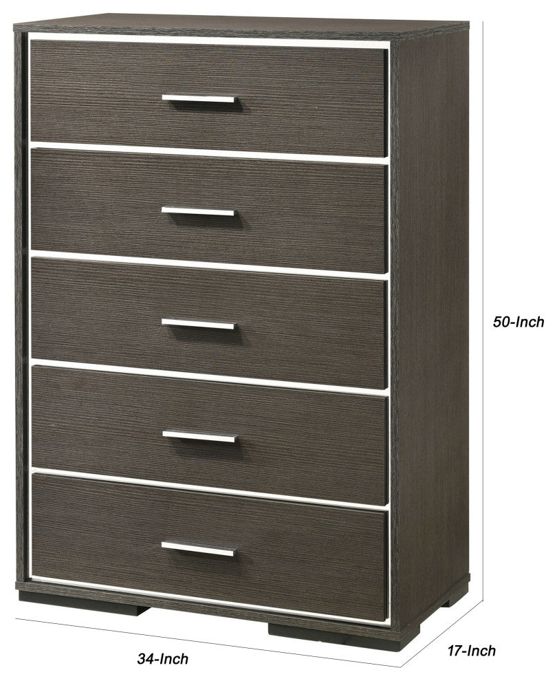 Benzara BM225886 5 Drawer Wooden Chest With Mirror Trim Accents, Gray