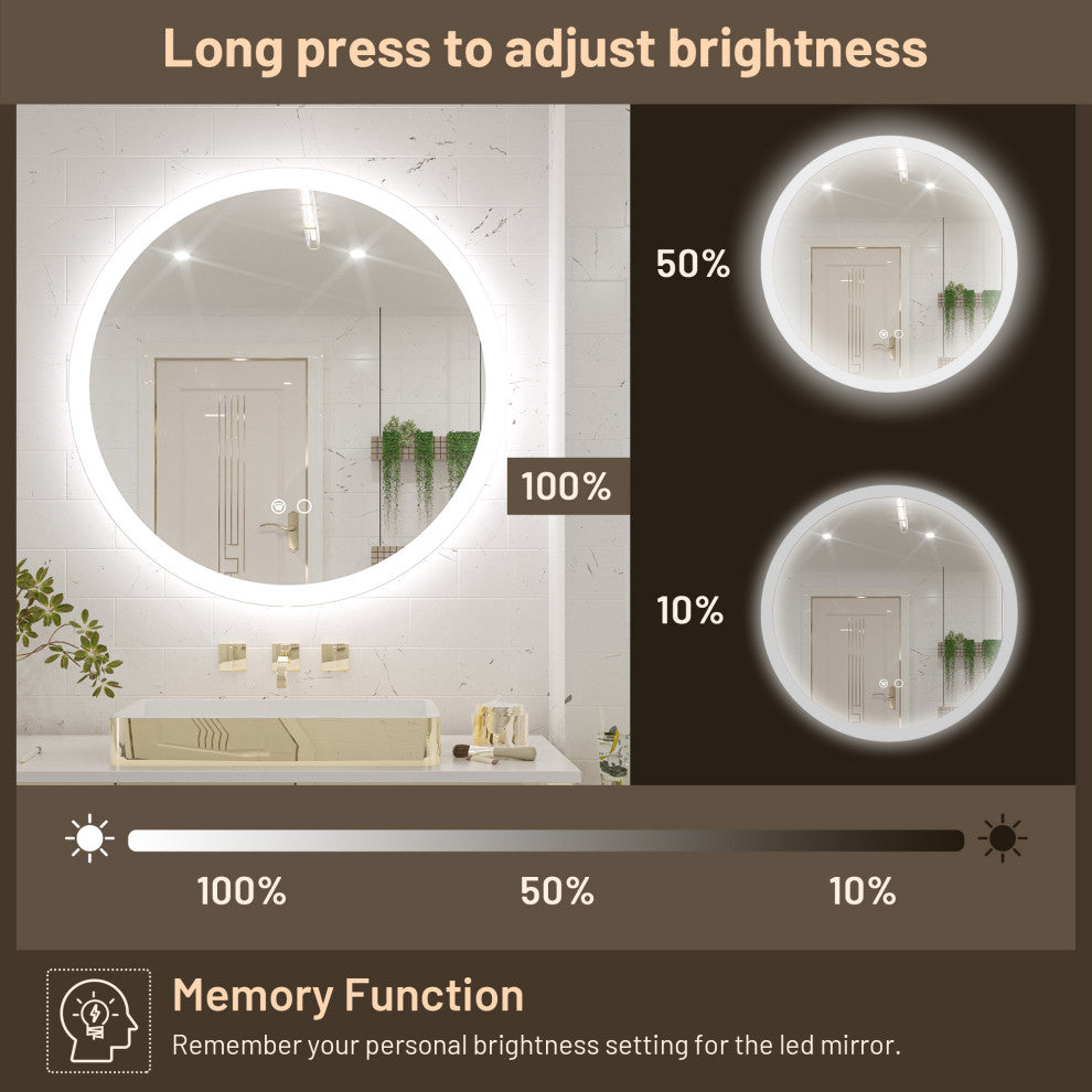 Round LED Bathroom Mirror With Front Lights, Anti-Fog/Dimmable, 36" Diameter