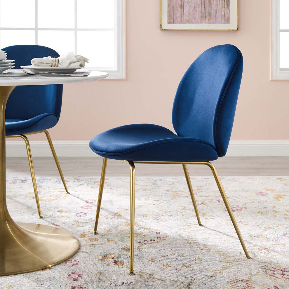Contemporary Dining Room Side Dining Chair, Velvet Stainless Metal, Navy Blue